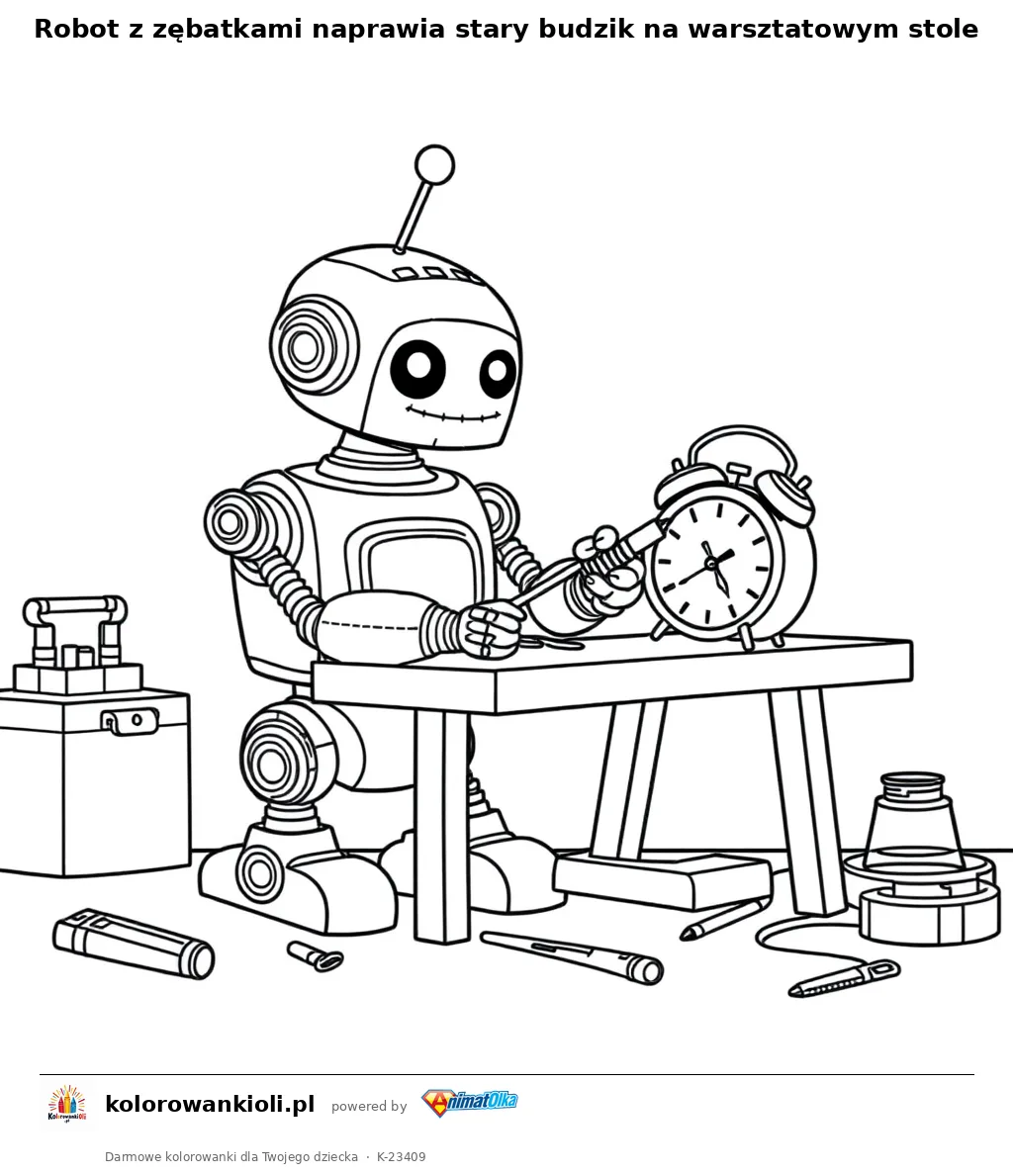 Robot z zębatkami naprawia stary budzik na warsztatowym stole — kolorowanka do wydruku dla dzieci