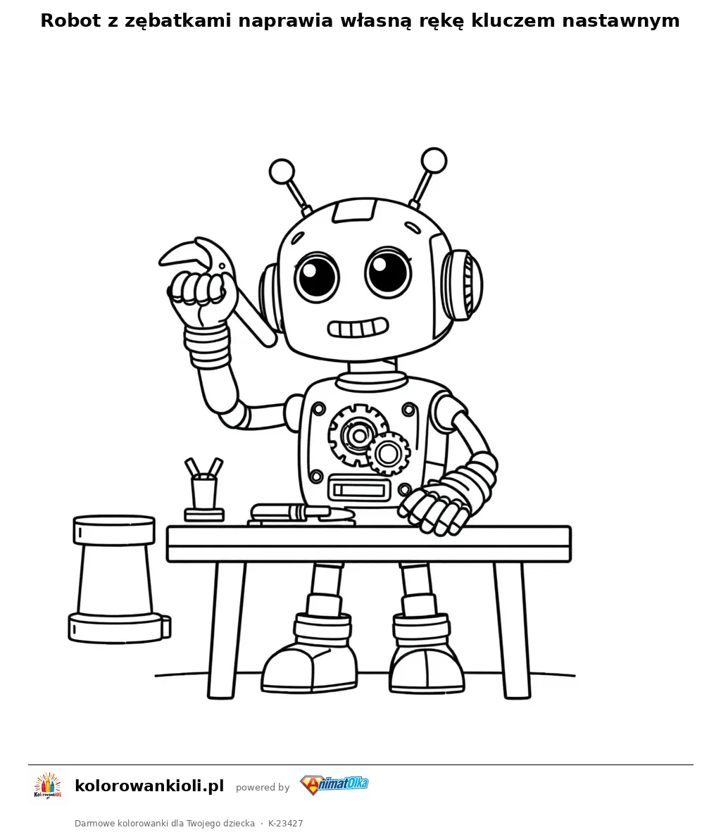 Robot z zębatkami naprawia własną rękę kluczem nastawnym — kolorowanka do wydruku dla dzieci