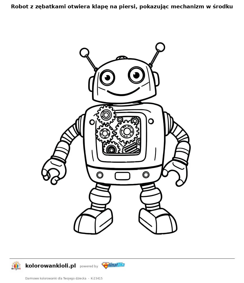 Robot z zębatkami otwiera klapę na piersi, pokazując mechanizm w środku — kolorowanka do wydruku dla dzieci