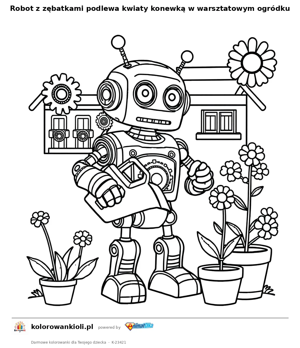 Robot z zębatkami podlewa kwiaty konewką w warsztatowym ogródku — kolorowanka do wydruku dla dzieci