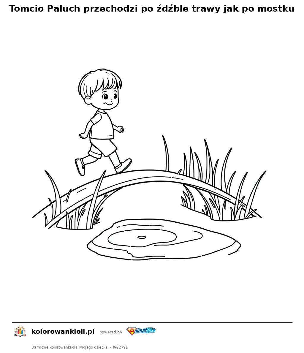 Tomcio Paluch przechodzi po źdźble trawy jak po mostku — kolorowanka do wydruku dla dzieci