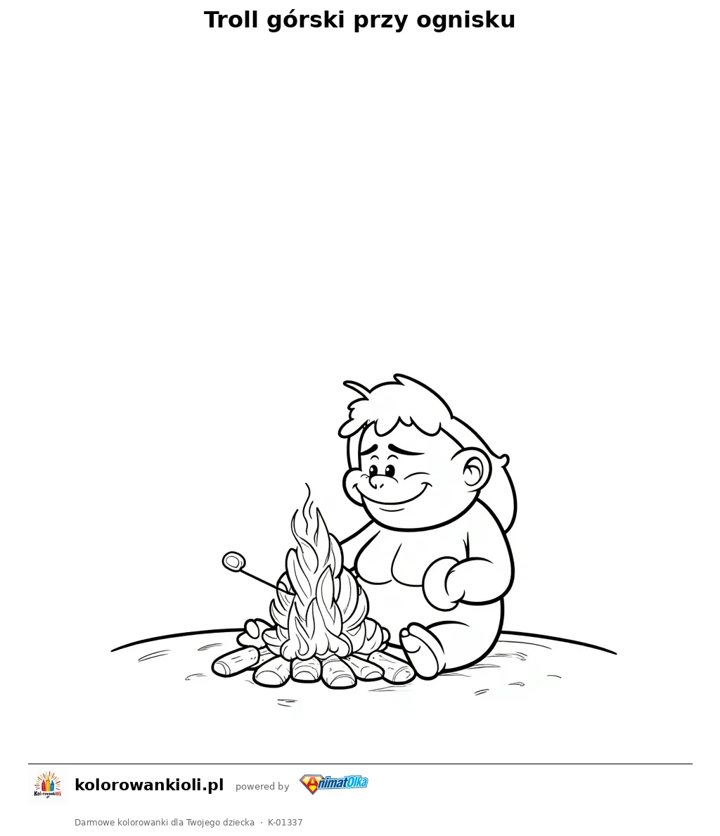 Troll górski przy ognisku — kolorowanka do wydruku dla dzieci