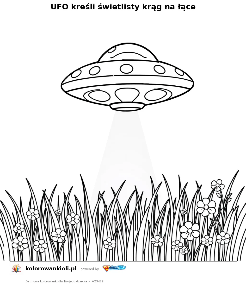 UFO kreśli świetlisty krąg na łące — kolorowanka do wydruku dla dzieci