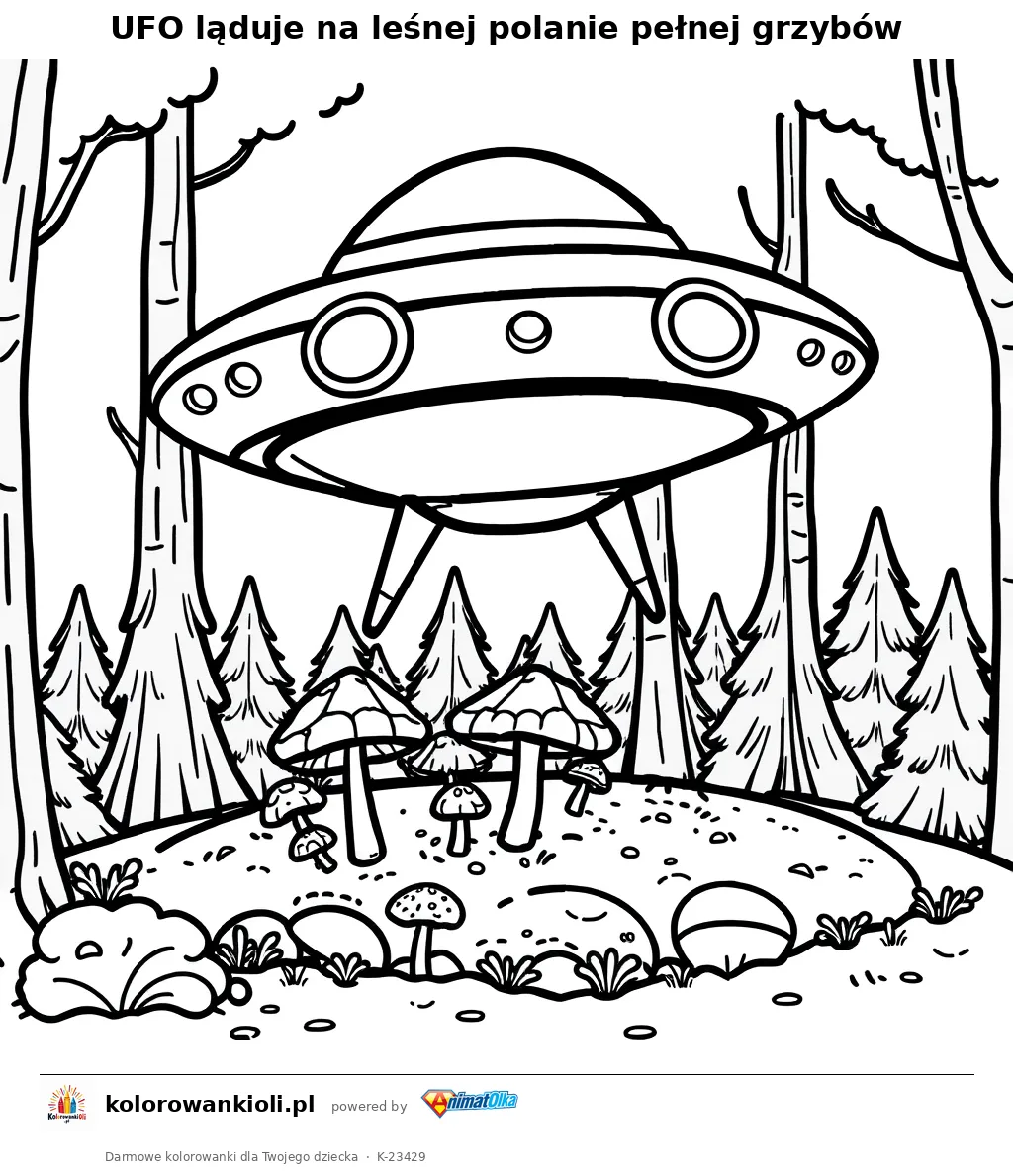 UFO ląduje na leśnej polanie pełnej grzybów — kolorowanka do wydruku dla dzieci