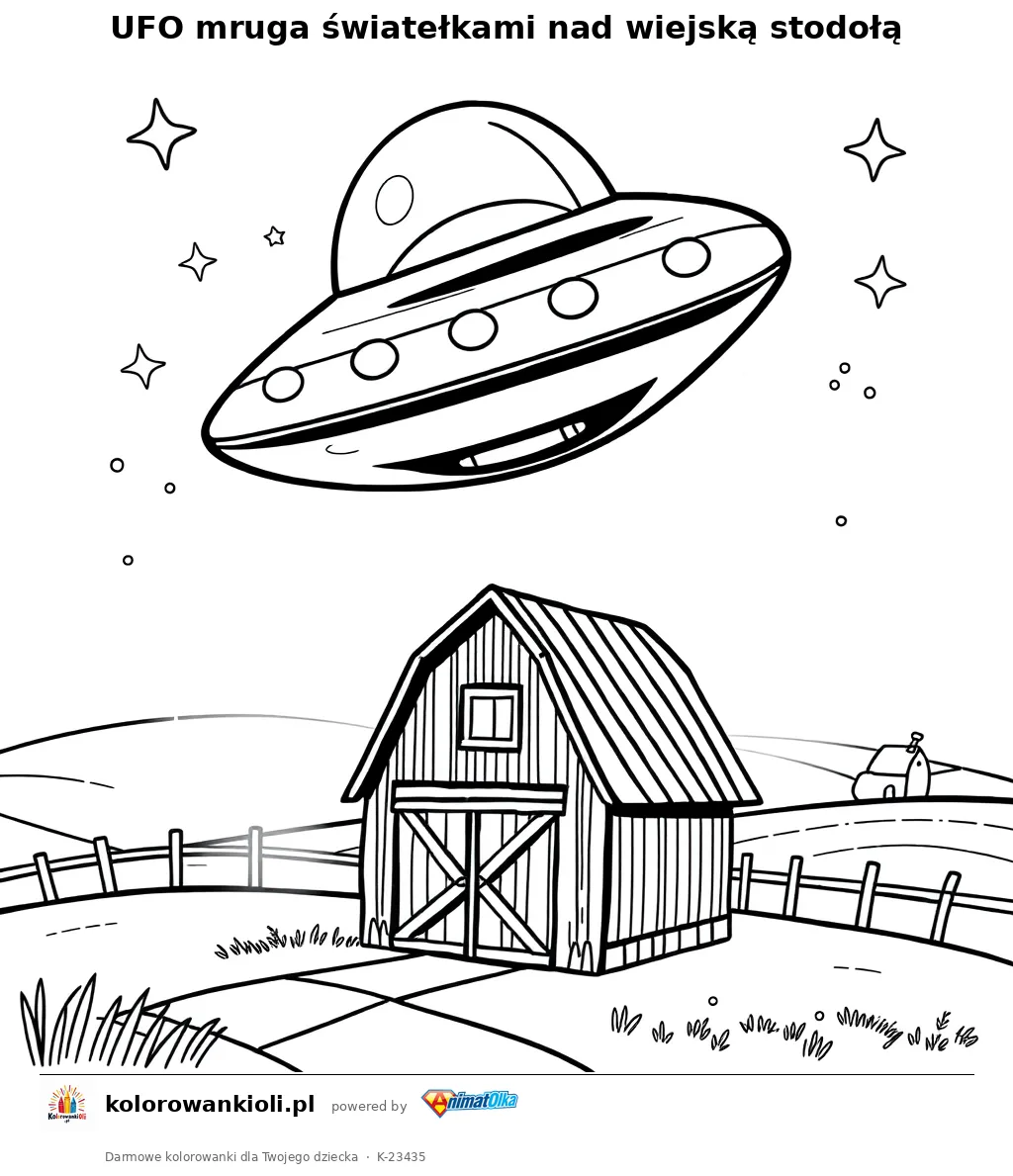 UFO mruga światełkami nad wiejską stodołą — kolorowanka do wydruku dla dzieci