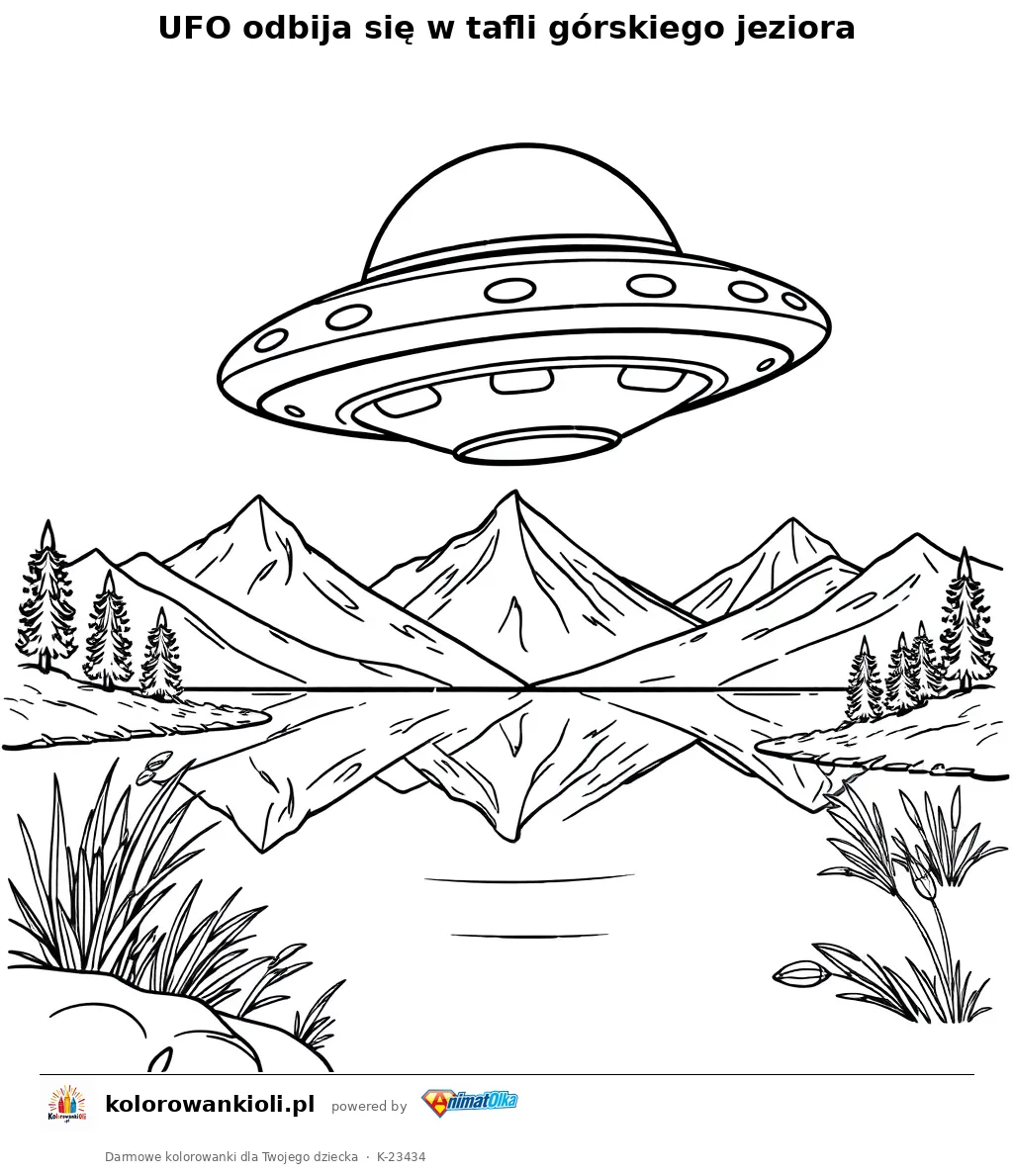 UFO odbija się w tafli górskiego jeziora — kolorowanka do wydruku dla dzieci
