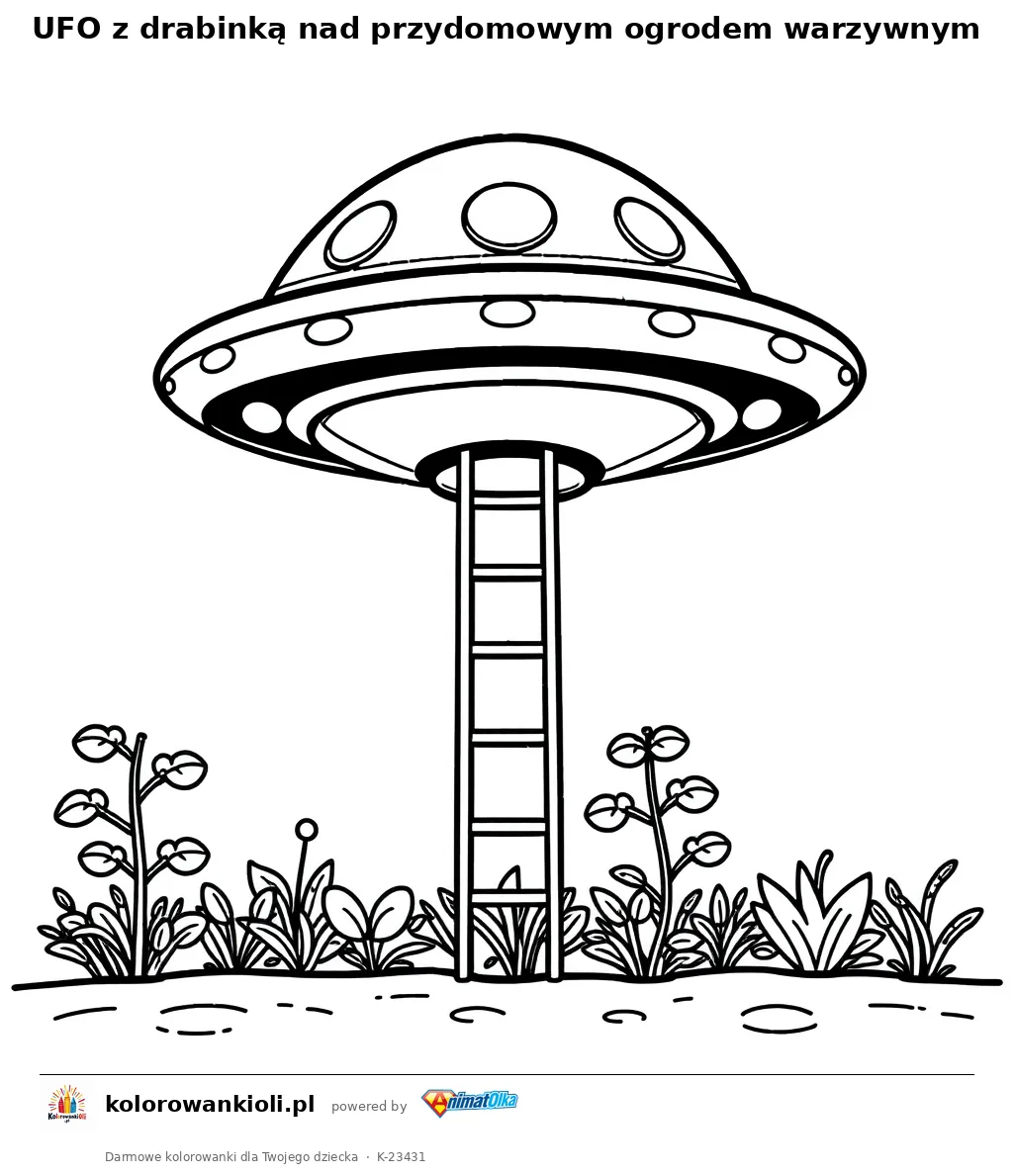 UFO z drabinką nad przydomowym ogrodem warzywnym — kolorowanka do wydruku dla dzieci