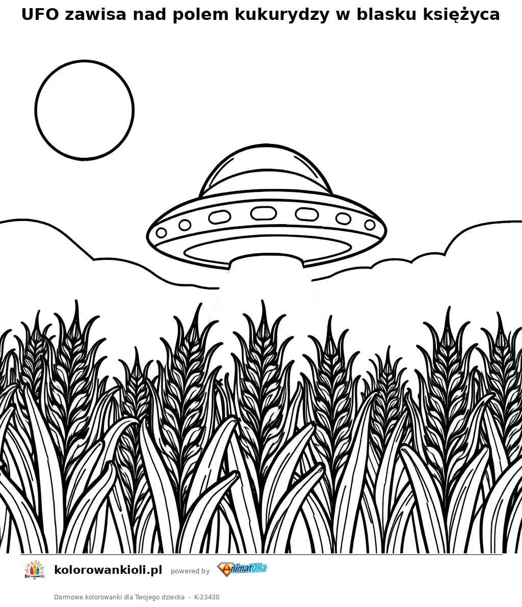 UFO zawisa nad polem kukurydzy w blasku księżyca — kolorowanka do wydruku dla dzieci