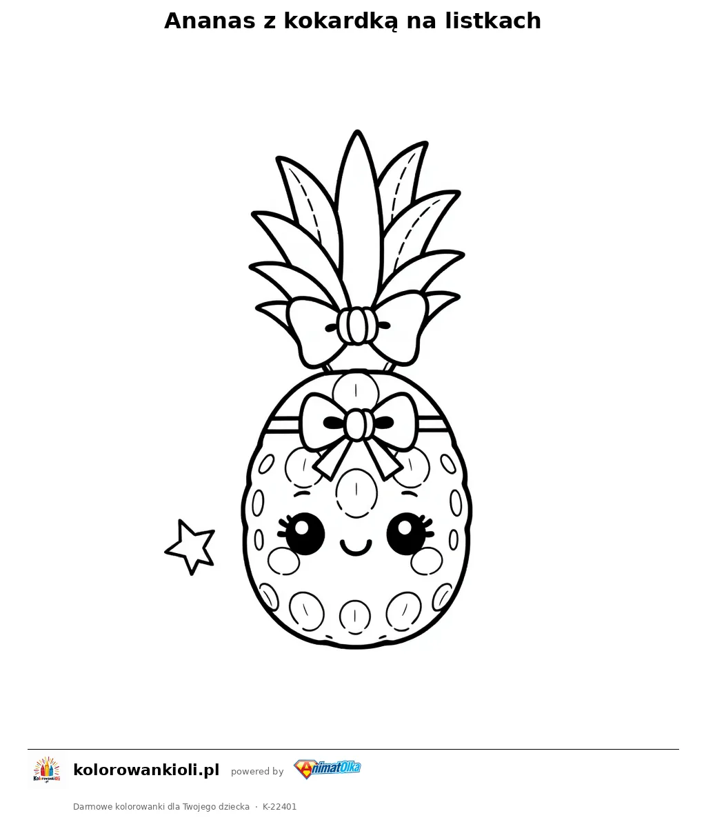 Ananas z kokardką na listkach — kolorowanka do wydruku dla dzieci