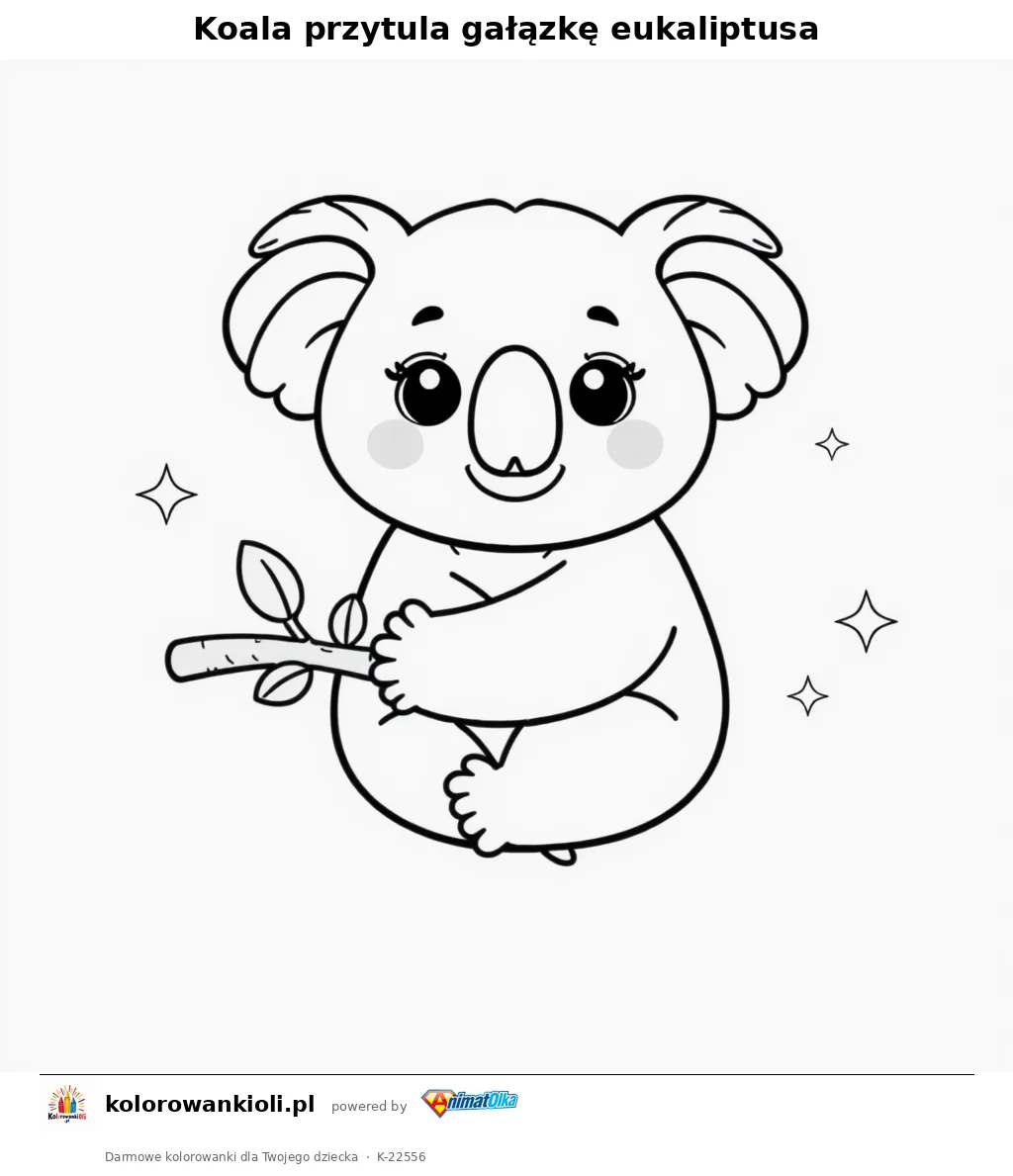 Koala przytula gałązkę eukaliptusa — kolorowanka do wydruku dla dzieci