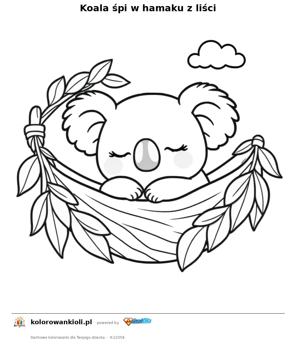 Koala śpi w hamaku z liści — kolorowanka do wydruku dla dzieci