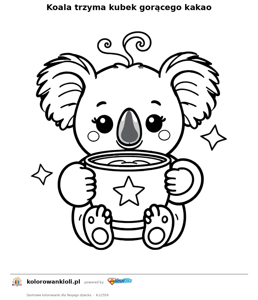 Koala trzyma kubek gorącego kakao — kolorowanka do wydruku dla dzieci