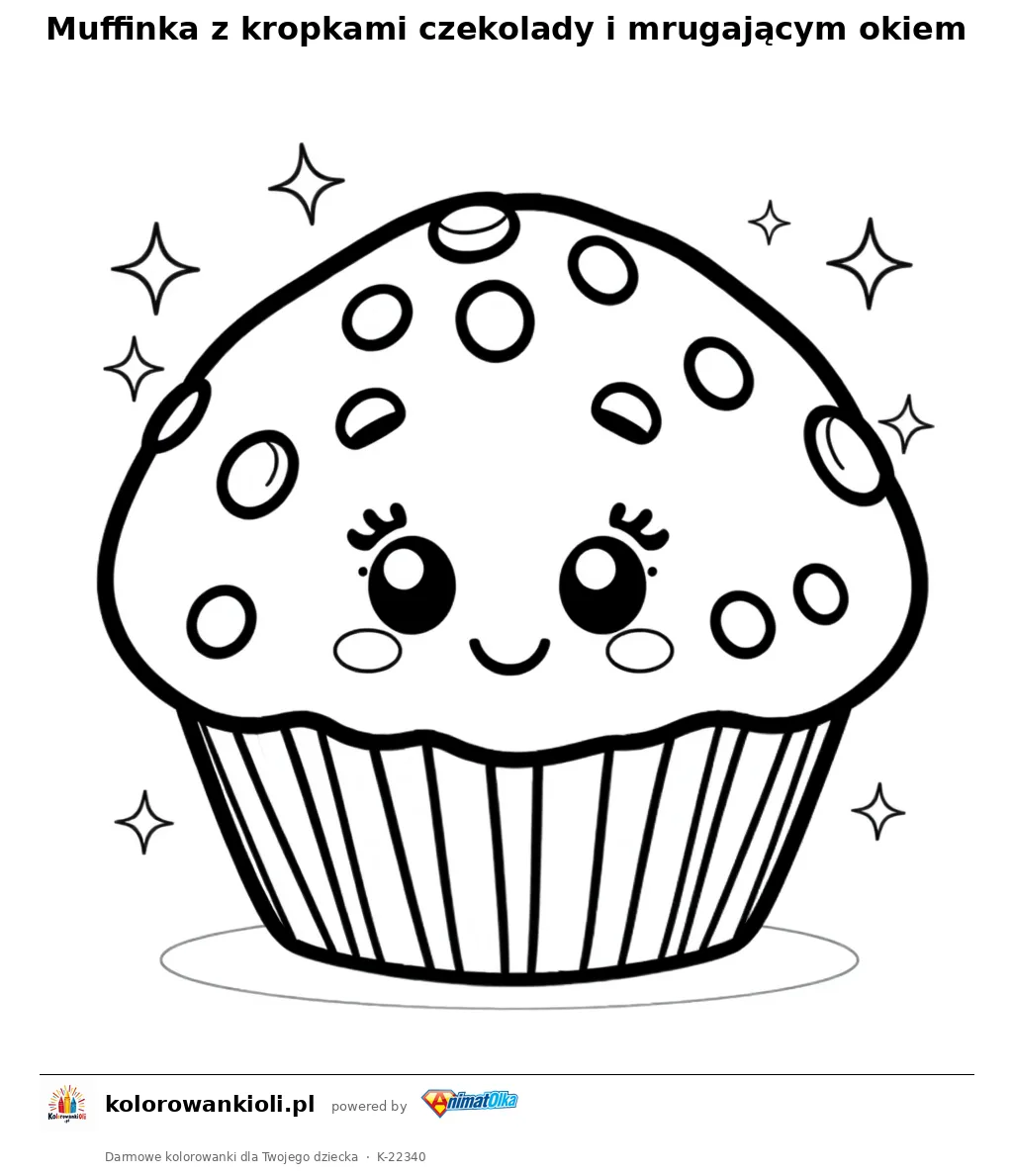 Muffinka z kropkami czekolady i mrugającym okiem — kolorowanka do wydruku dla dzieci