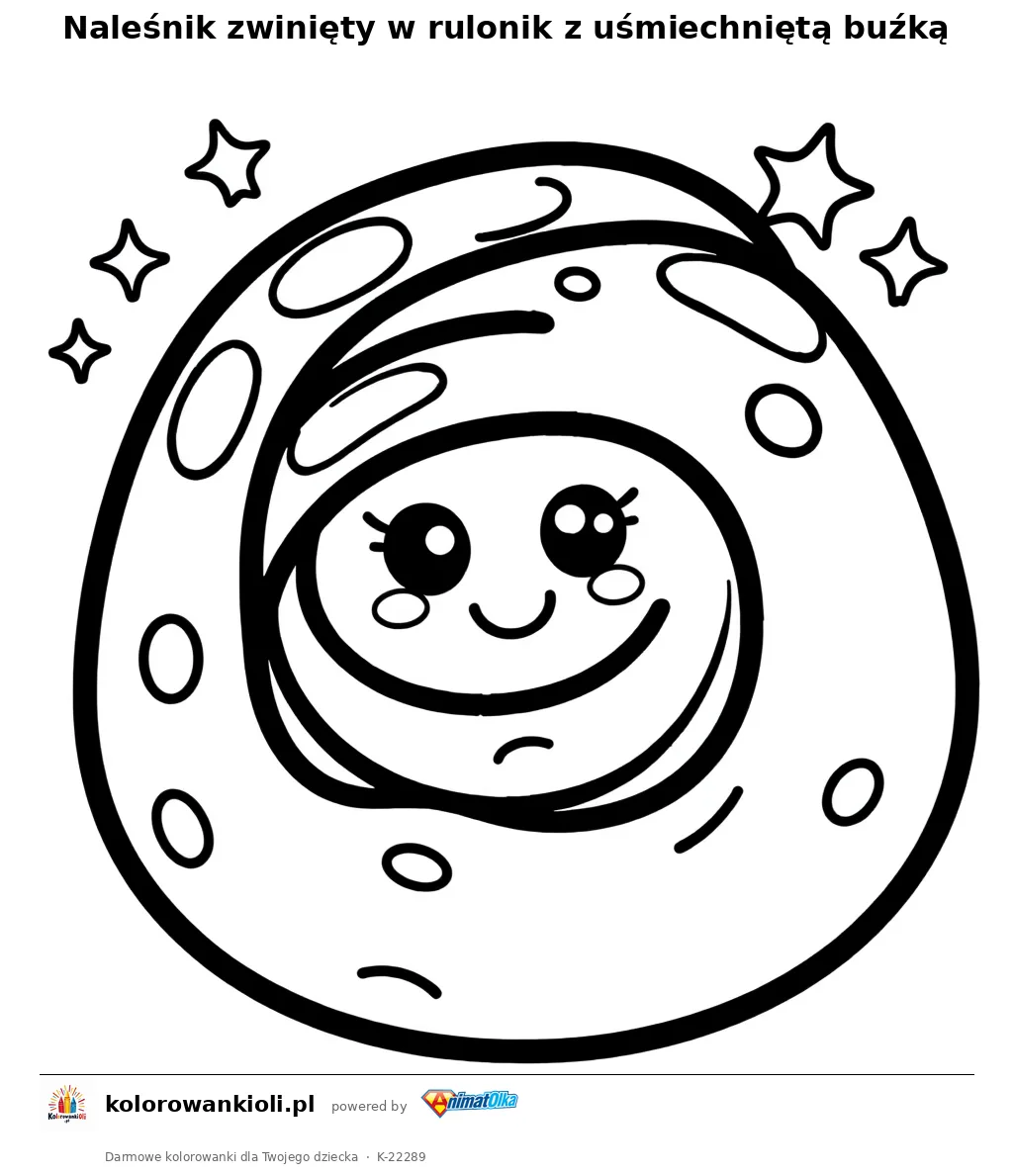 Naleśnik zwinięty w rulonik z uśmiechniętą buźką — kolorowanka do wydruku dla dzieci