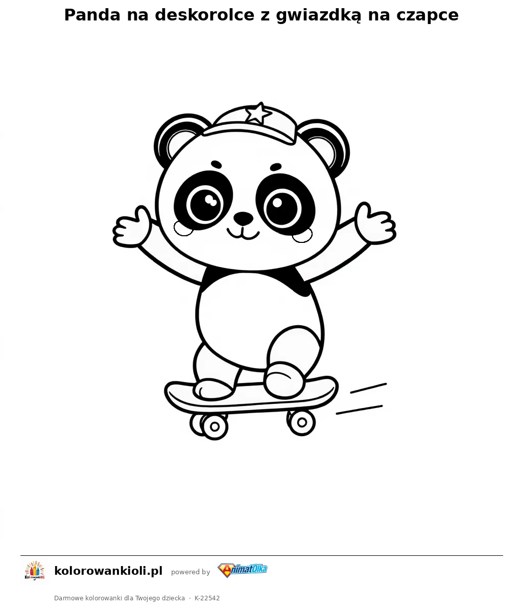 Panda na deskorolce z gwiazdką na czapce — kolorowanka do wydruku dla dzieci