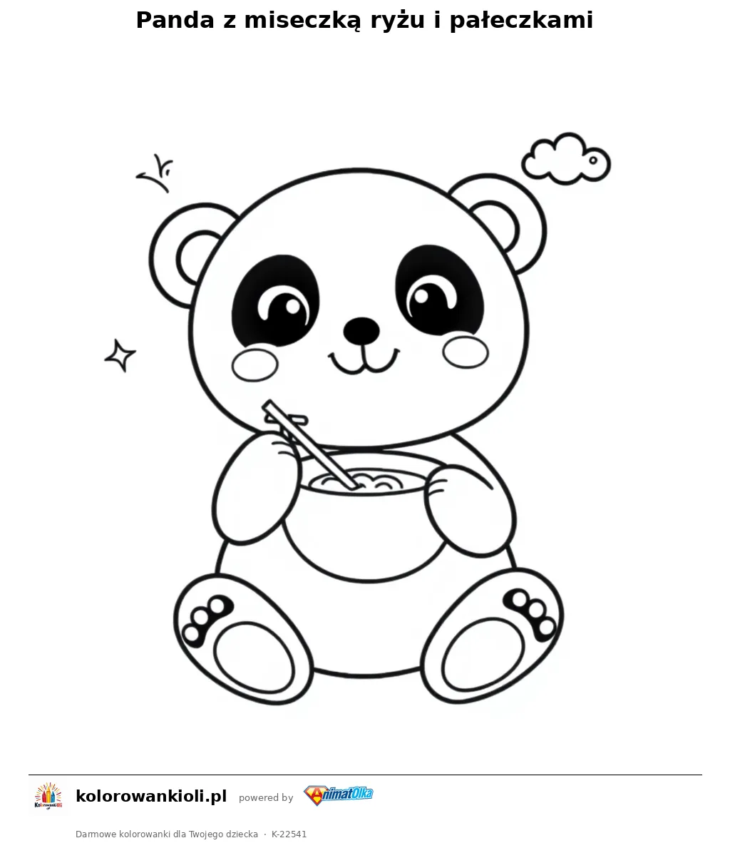 Panda z miseczką ryżu i pałeczkami — kolorowanka do wydruku dla dzieci