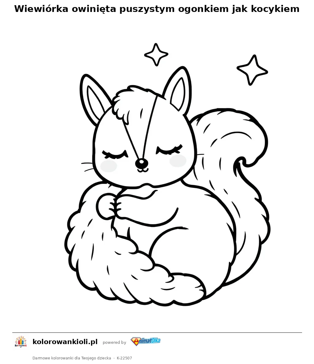 Wiewiórka owinięta puszystym ogonkiem jak kocykiem — kolorowanka do wydruku dla dzieci