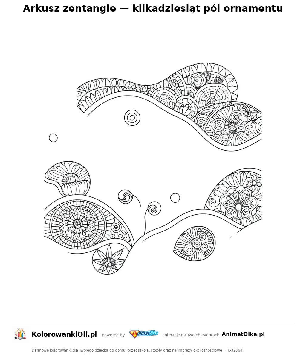Arkusz zentangle — kilkadziesiąt pól ornamentu — kolorowanka antystresowa do wydruku na A4