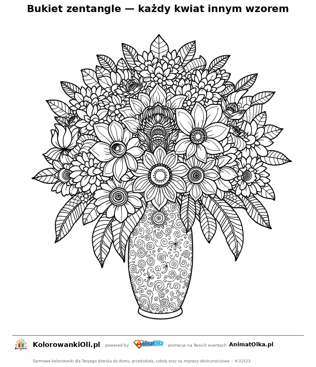 Bukiet zentangle — każdy kwiat innym wzorem — kolorowanka antystresowa do wydruku na A4