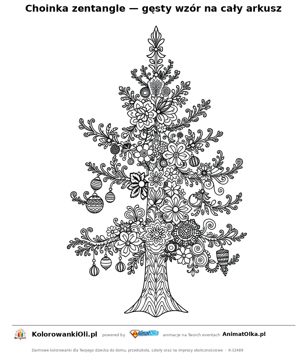Choinka zentangle — gęsty wzór na cały arkusz — kolorowanka antystresowa do wydruku na A4