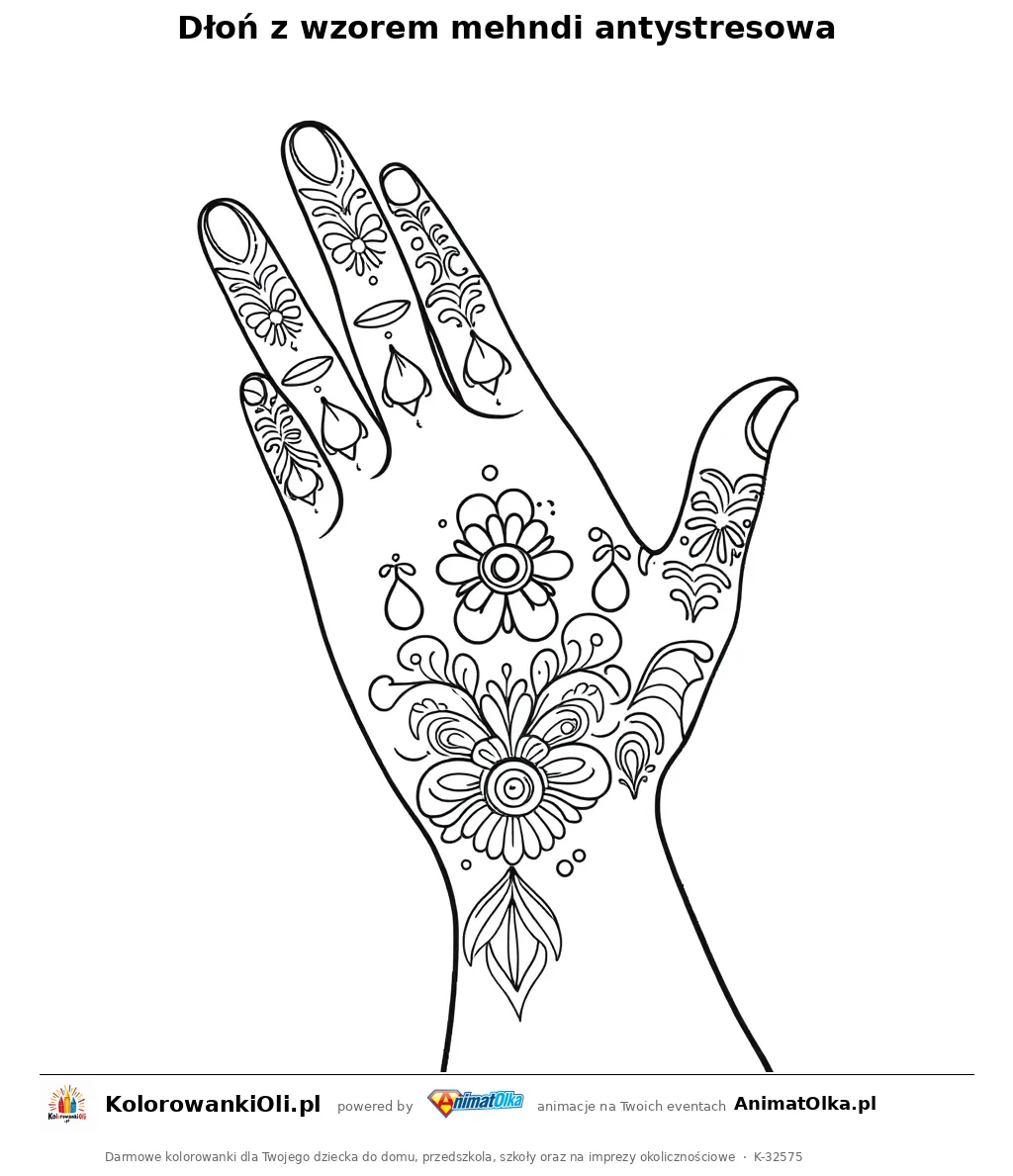 Dłoń z wzorem mehndi antystresowa — do wydruku na A4