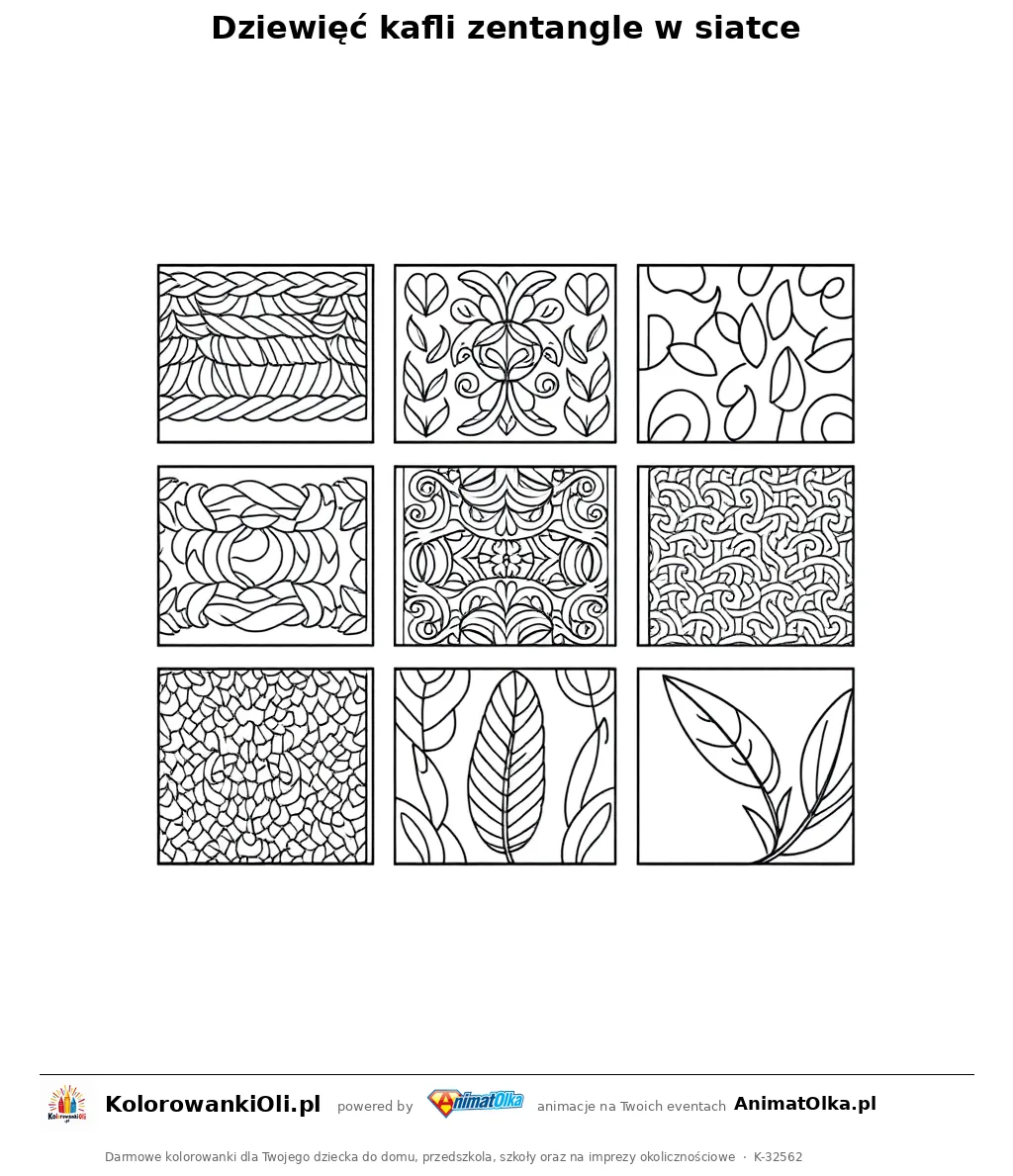 Dziewięć kafli zentangle w siatce — kolorowanka antystresowa do wydruku na A4