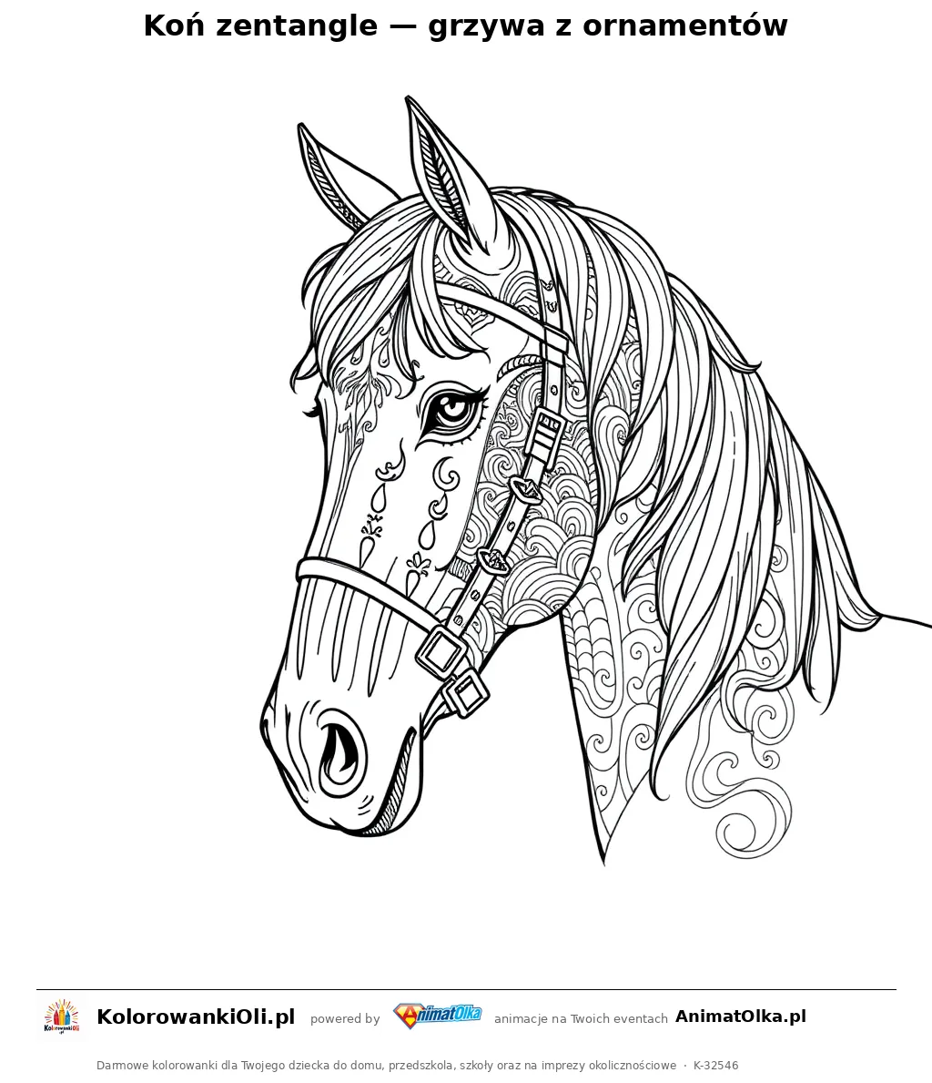 Koń zentangle — grzywa z ornamentów — kolorowanka antystresowa do wydruku na A4