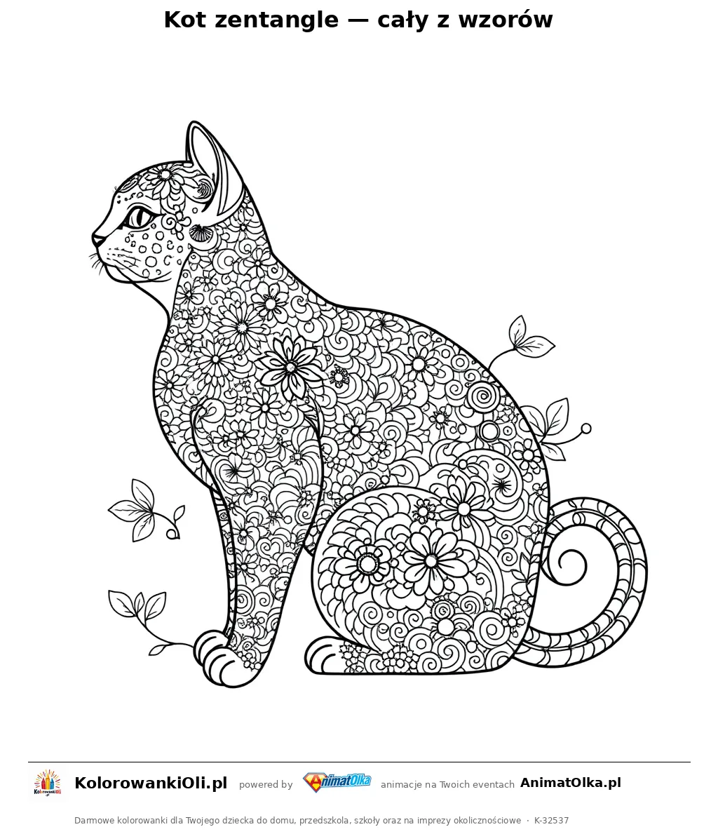 Kot zentangle — cały z wzorów — kolorowanka antystresowa do wydruku na A4