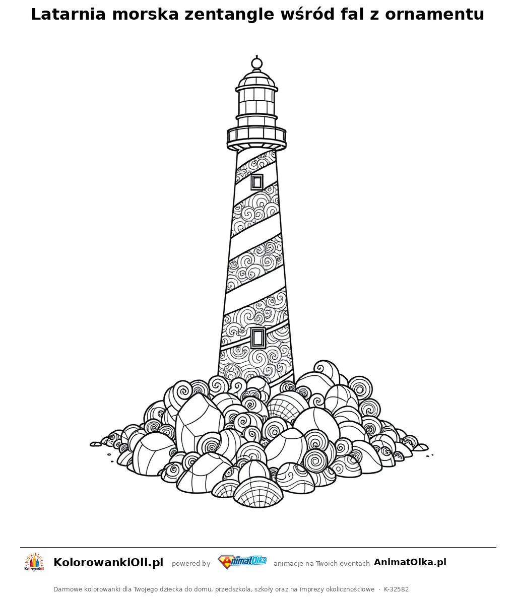 Latarnia morska zentangle wśród fal z ornamentu — kolorowanka antystresowa do wydruku na A4