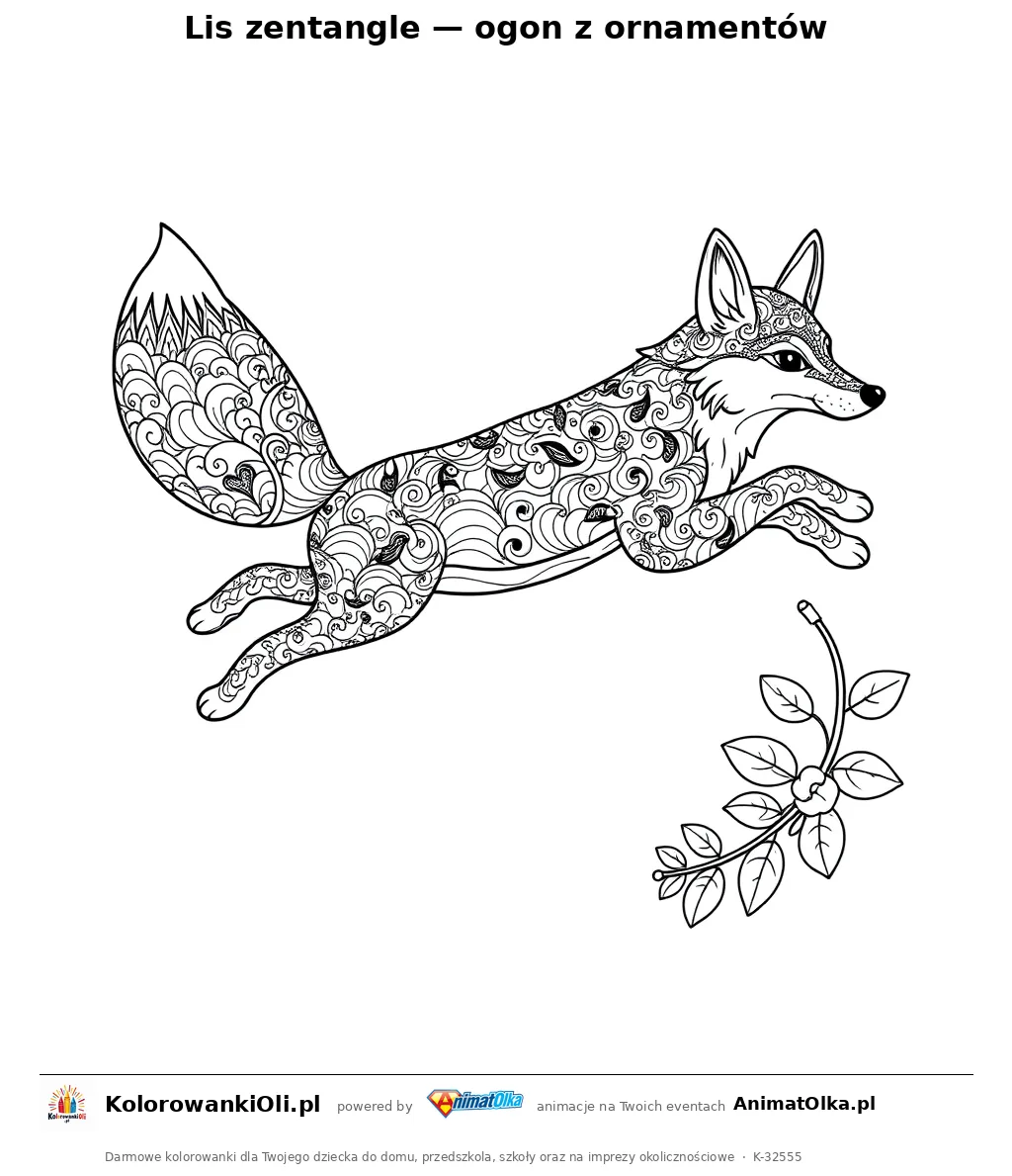 Lis zentangle — ogon z ornamentów — kolorowanka antystresowa do wydruku na A4