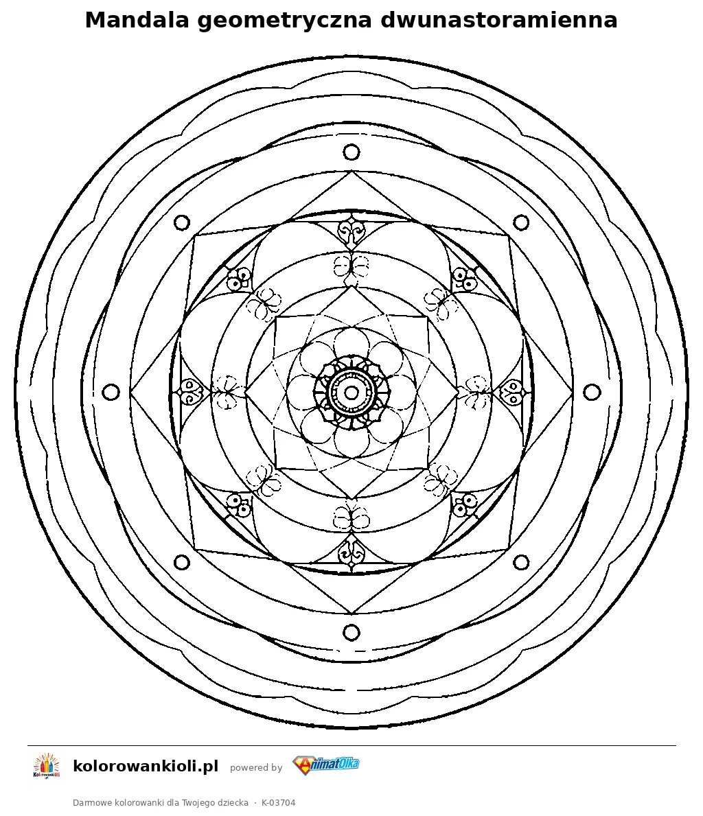 Mandala geometryczna dwunastoramienna — kolorowanka do wydruku dla dzieci