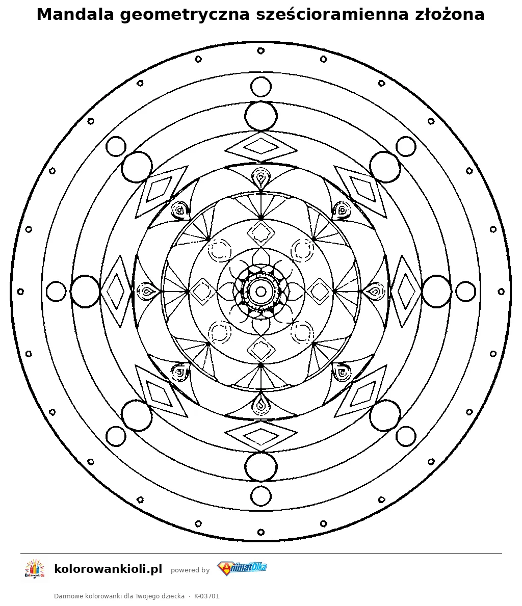 Mandala geometryczna sześcioramienna złożona — kolorowanka do wydruku dla dzieci