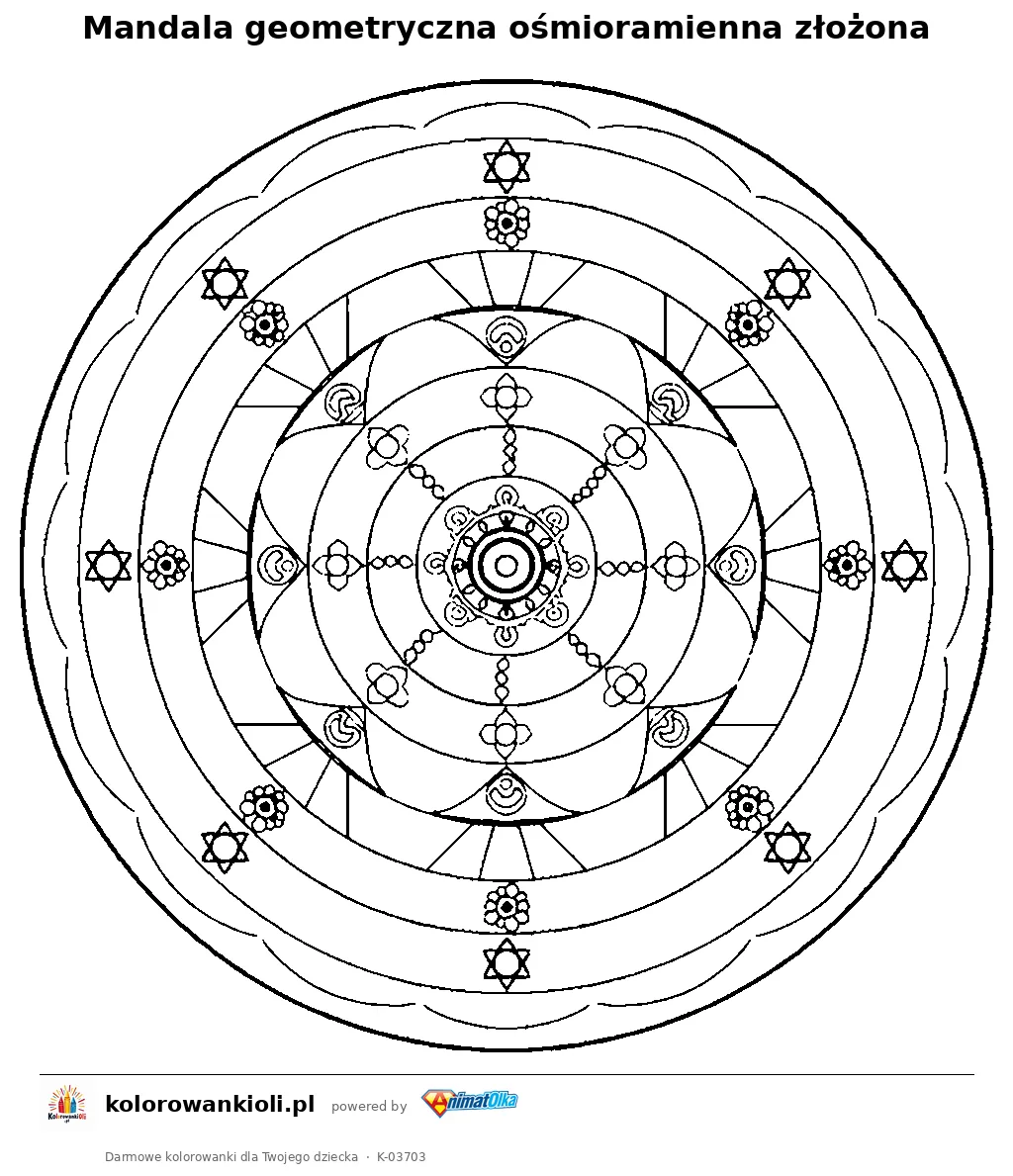 Mandala geometryczna ośmioramienna złożona — kolorowanka do wydruku dla dzieci