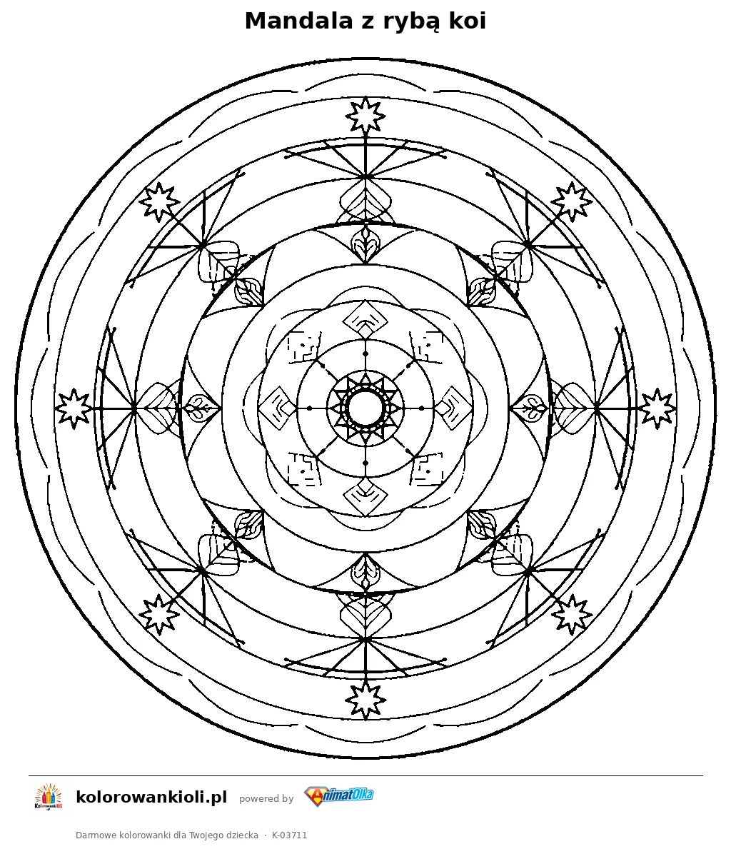 Mandala z rybą koi — kolorowanka do wydruku dla dzieci