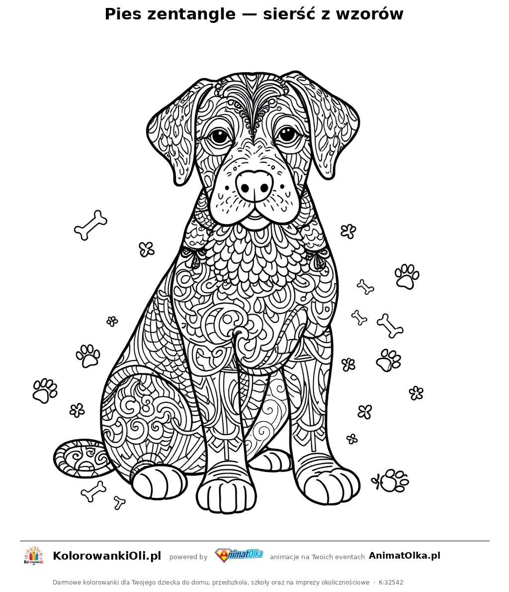 Pies zentangle — sierść z wzorów — kolorowanka antystresowa do wydruku na A4