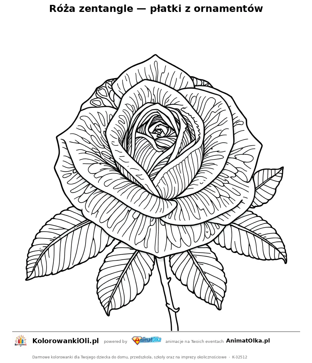 Róża zentangle — płatki z ornamentów — kolorowanka antystresowa do wydruku na A4