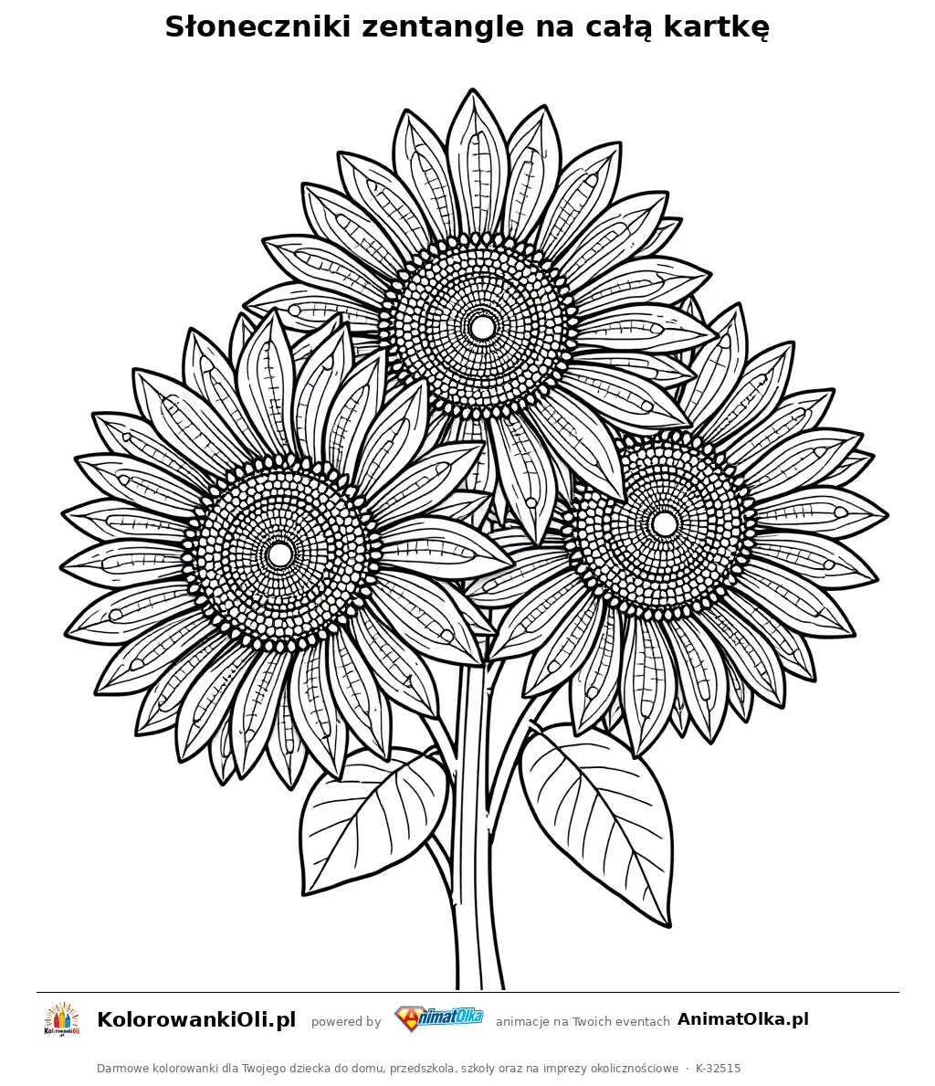 Słoneczniki zentangle na całą kartkę — kolorowanka antystresowa do wydruku na A4