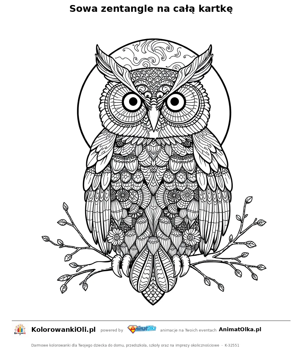 Sowa zentangle na całą kartkę — kolorowanka antystresowa do wydruku na A4