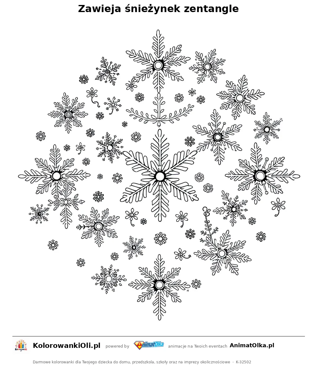 Zawieja śnieżynek zentangle — kolorowanka antystresowa do wydruku na A4