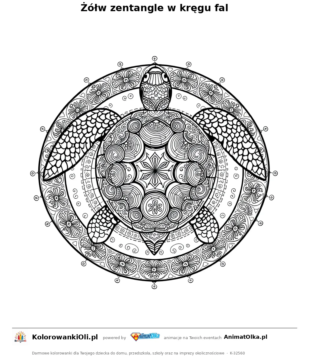 Żółw zentangle w kręgu fal — kolorowanka antystresowa do wydruku na A4