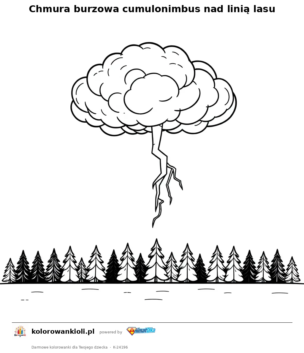 Chmura burzowa cumulonimbus nad linią lasu — kolorowanka do wydruku dla dzieci