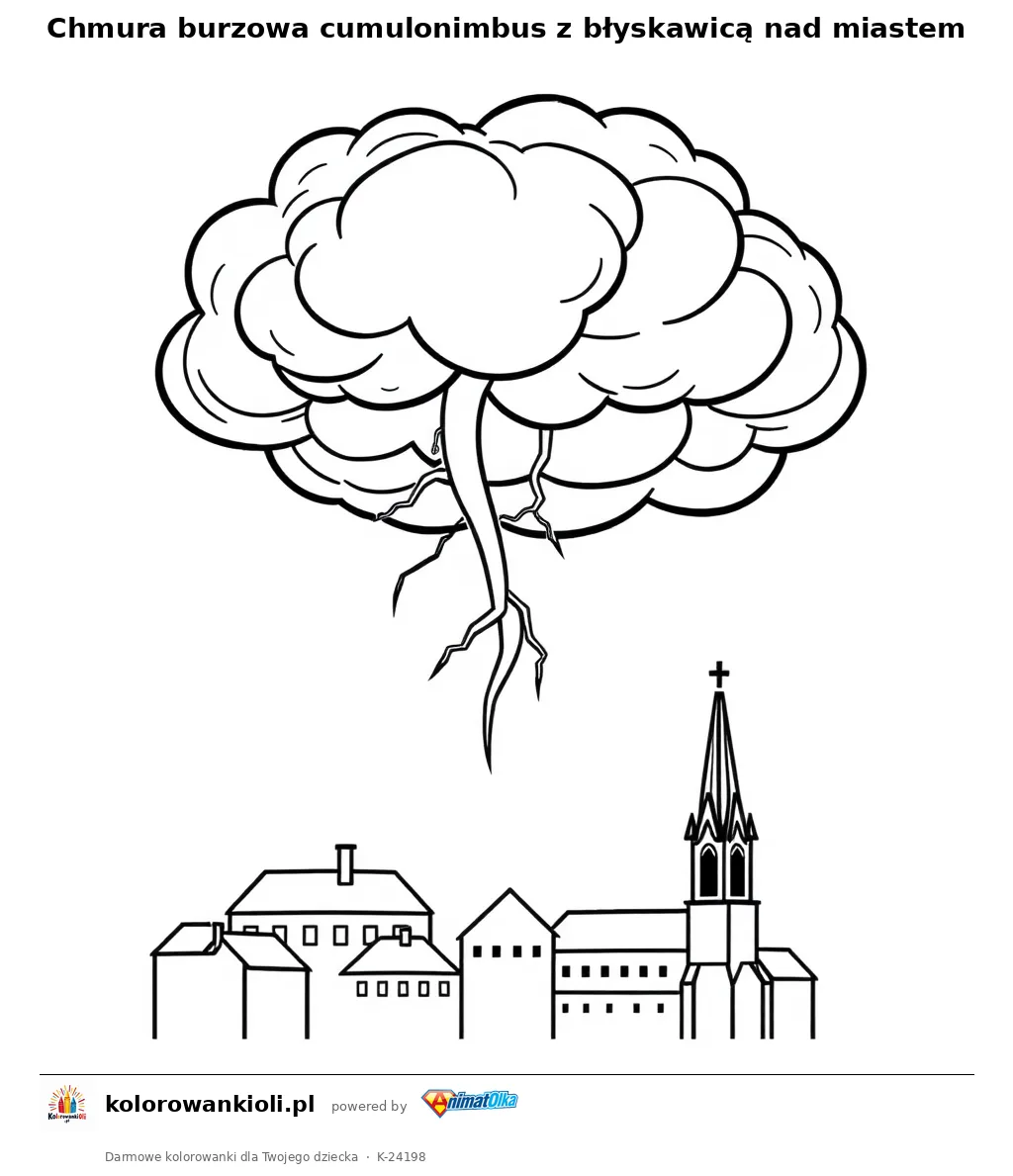 Chmura burzowa cumulonimbus z błyskawicą nad miastem — kolorowanka do wydruku dla dzieci