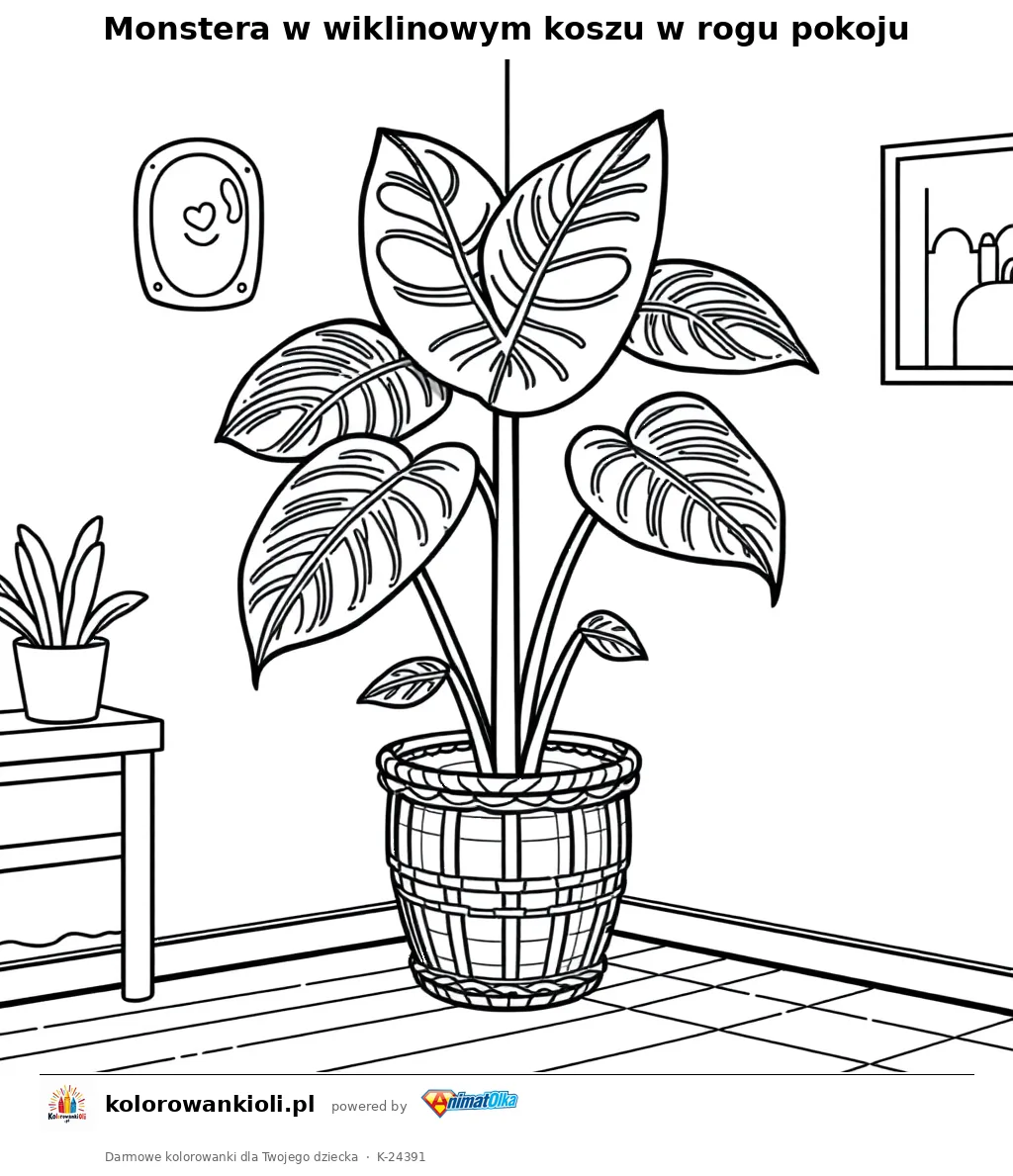 Monstera w wiklinowym koszu w rogu pokoju — kolorowanka do wydruku dla dzieci