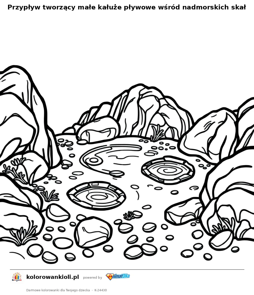 Przypływ tworzący małe kałuże pływowe wśród nadmorskich skał — kolorowanka do wydruku dla dzieci