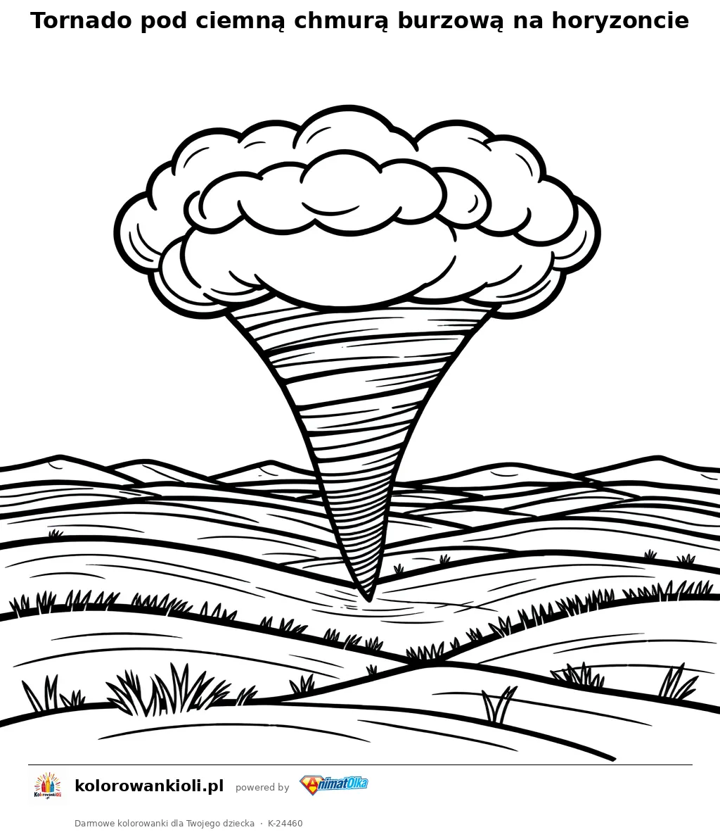 Tornado pod ciemną chmurą burzową na horyzoncie — kolorowanka do wydruku dla dzieci