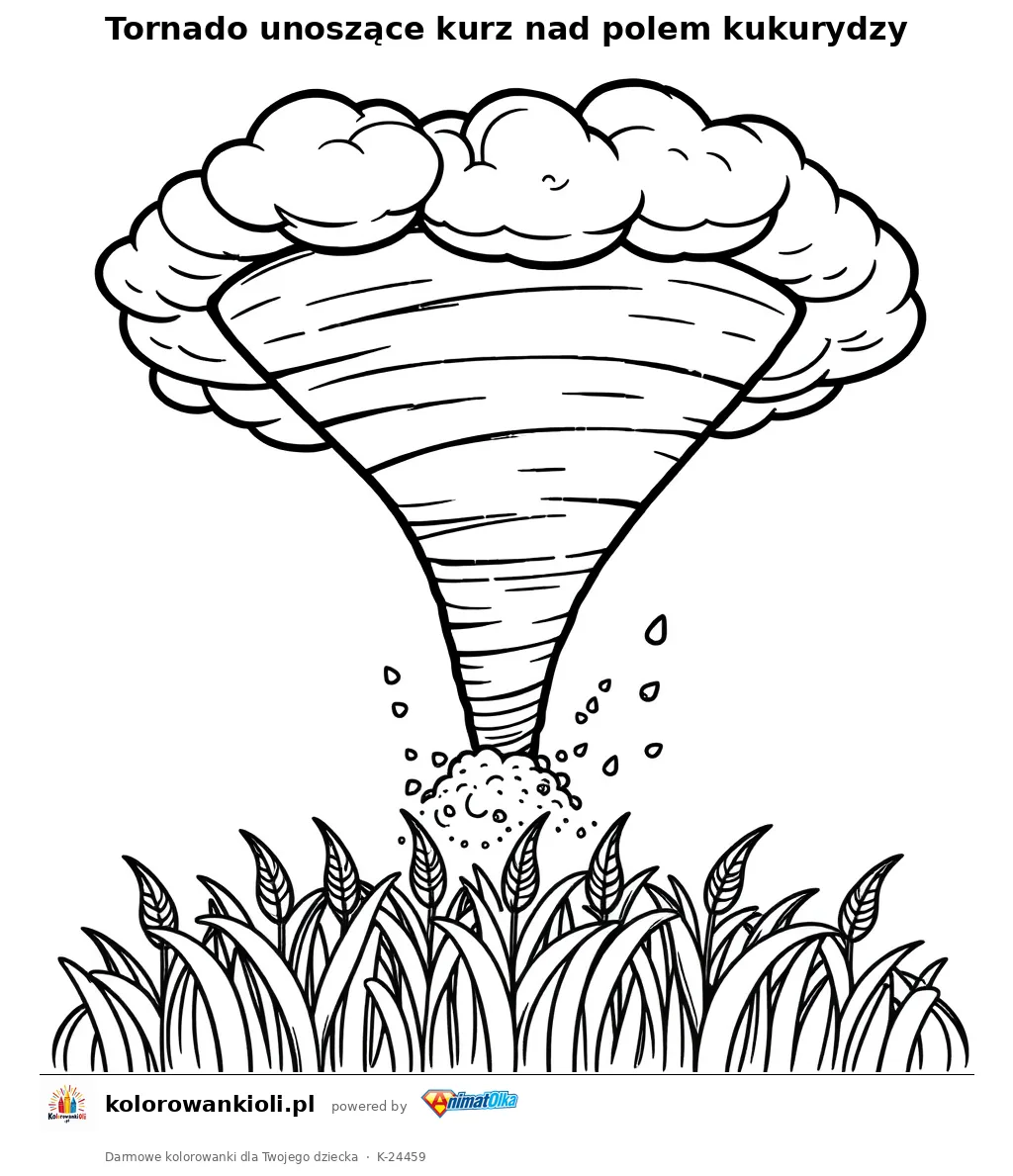 Tornado unoszące kurz nad polem kukurydzy — kolorowanka do wydruku dla dzieci
