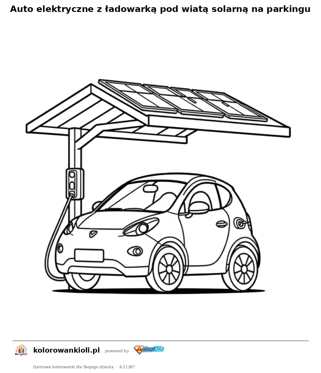Auto elektryczne z ładowarką pod wiatą solarną na parkingu — kolorowanka do wydruku dla dzieci