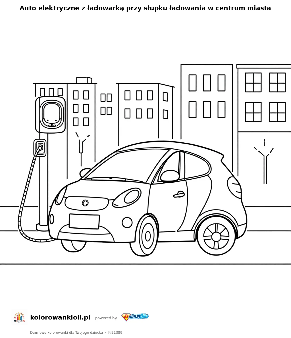 Auto elektryczne z ładowarką przy słupku ładowania w centrum miasta — kolorowanka do wydruku dla dzieci