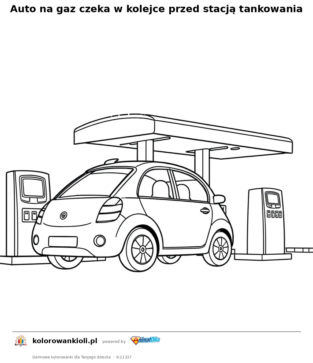 Auto na gaz czeka w kolejce przed stacją tankowania — kolorowanka do wydruku dla dzieci
