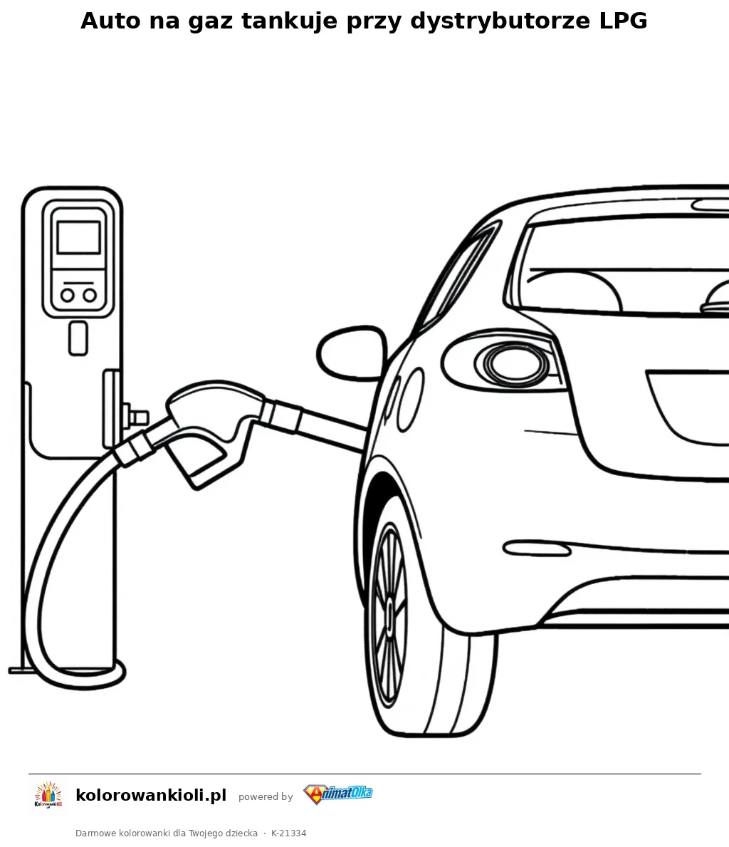 Auto na gaz tankuje przy dystrybutorze LPG — kolorowanka do wydruku dla dzieci